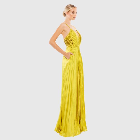 NWT Mac Duggal Pleated Plunge Neck Wide Leg Jumpsuit Chartreuse 6 #8483 - Picture 5 of 11